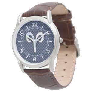 Silver Aries Zodiac Sign Navy Carbon Style Dial Watch