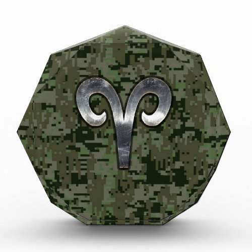 Silver Aries Zodiac Symbol Green Digital Camo Acrylic Award