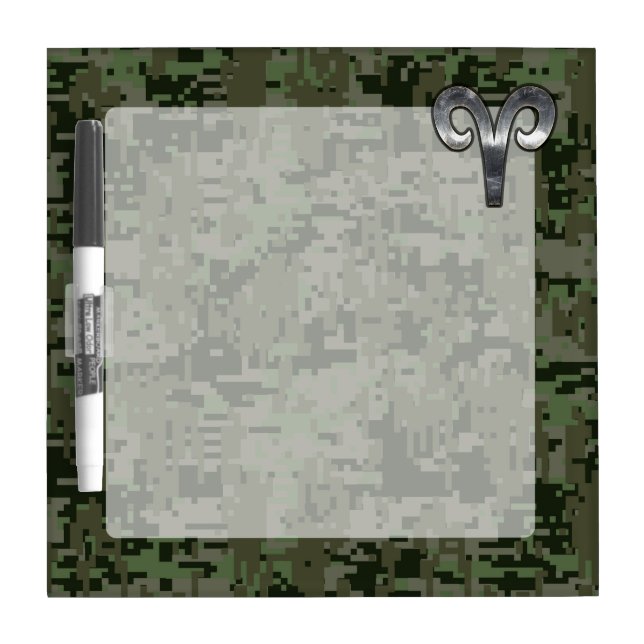 Silver Aries Zodiac Symbol Green Digital Camo Dry Erase Board (Front)