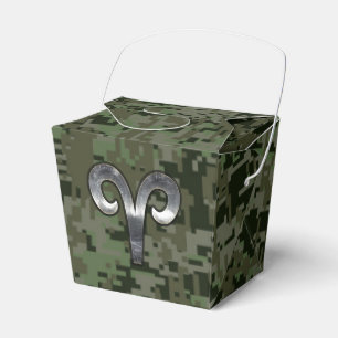 Silver Aries Zodiac Symbol Green Digital Camo Favor Boxes