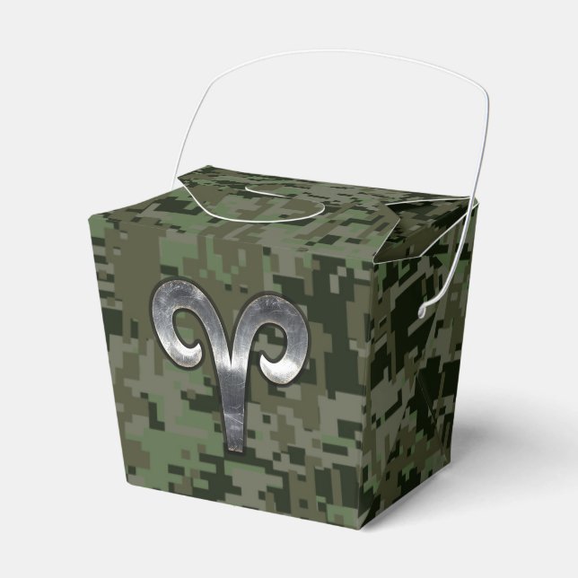 Silver Aries Zodiac Symbol Green Digital Camo Favor Boxes (Front Side)