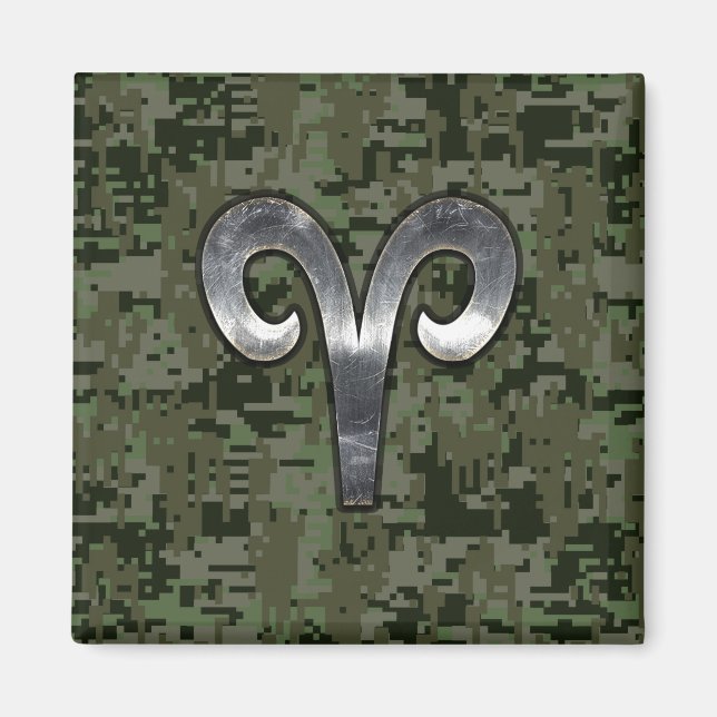 Silver Aries Zodiac Symbol Green Digital Camo Magnet (Front)