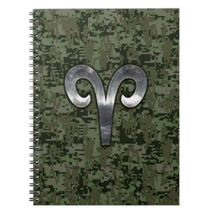 Silver Aries Zodiac Symbol Green Digital Camo Notebook