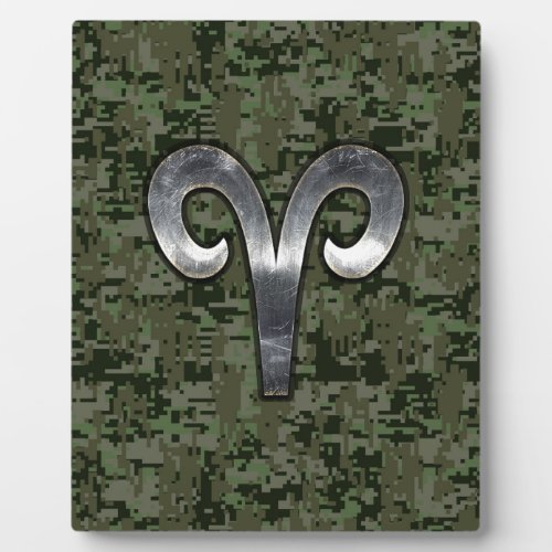 Silver Aries Zodiac Symbol Green Digital Camo Plaque