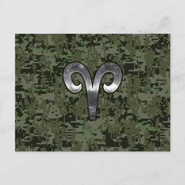 Silver Aries Zodiac Symbol Green Digital Camo Postcard (Front)