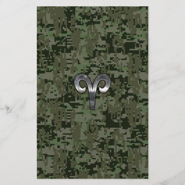 Silver Aries Zodiac Symbol Green Digital Camo Stationery (Front)