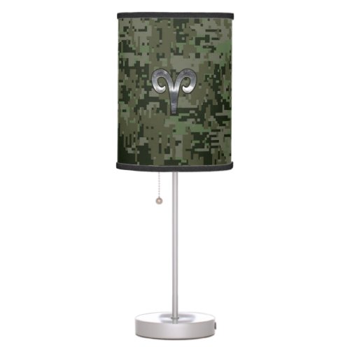 Silver Aries Zodiac Symbol Green Digital Camo Table Lamp