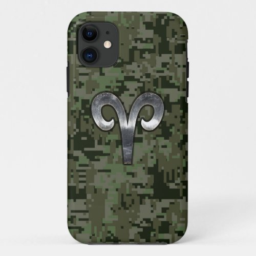 Silver Aries Zodiac Symbol on Green Digital Camo iPhone 11 Case