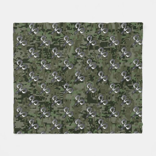 Silver Aries Zodiac Symbol on Green Digital Camo Fleece Blanket