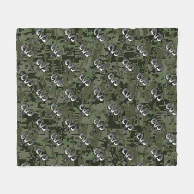 Silver Aries Zodiac Symbol on Green Digital Camo Fleece Blanket (Front (Horizontal))