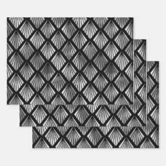 Silver Art Deco Fans on Black Wrapping Paper Sheets