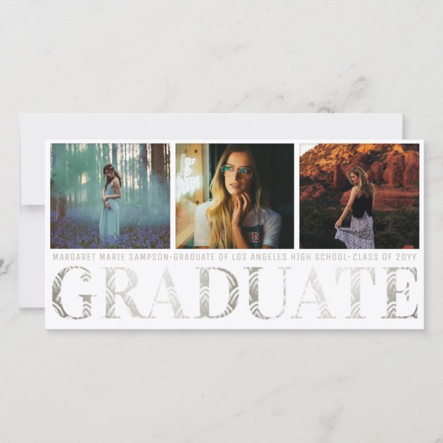 Silver Art Deco Pattern Graduation Photo Announcement (Front)