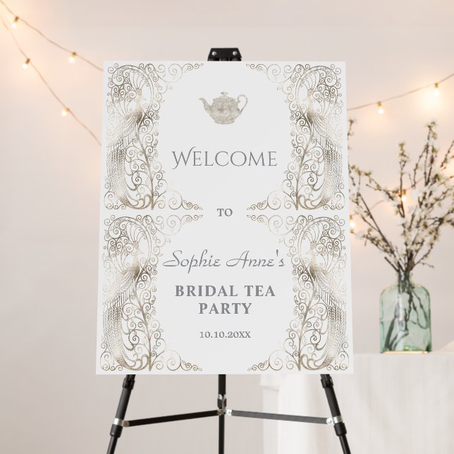 Silver Art Deco Peacock Bridal Tea Party Welcome Foam Board (In Situ (Stand))