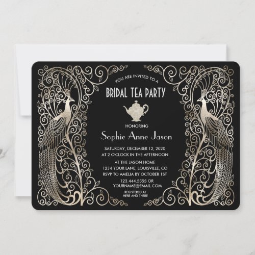 Silver Art Deco Peacocks Bridal Shower Tea Party Invitation