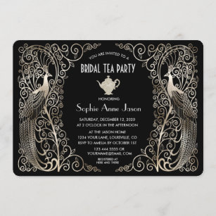 Silver Art Deco Peacocks Bridal Shower Tea Party Invitation