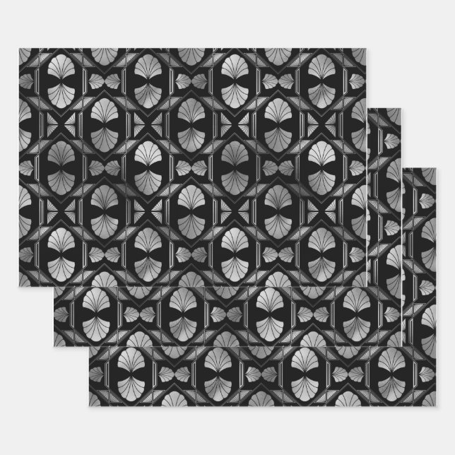 Silver Art Deco Shells on Black Wrapping Paper Sheets (Set)