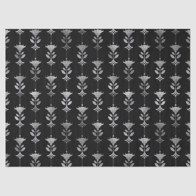 Silver Art Deco Style Flowers on Black Decoupage Tissue Paper (Front)