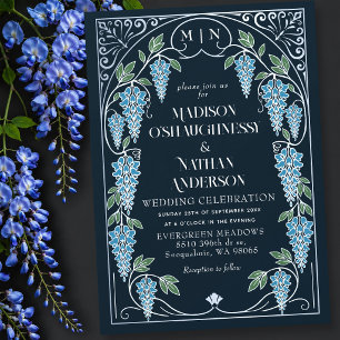 Silver Art Nouveau Blue Wisteria Wedding Invitation