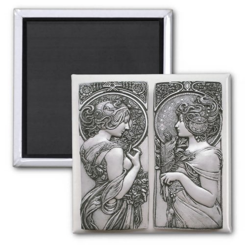 Silver Art nouveau design female twinsMucha Magnet