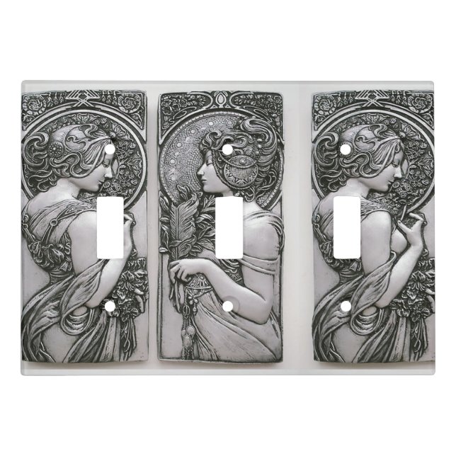 Silver ,Art nouveau ,design, females,Mucha,beautif Light Switch Cover (Front)