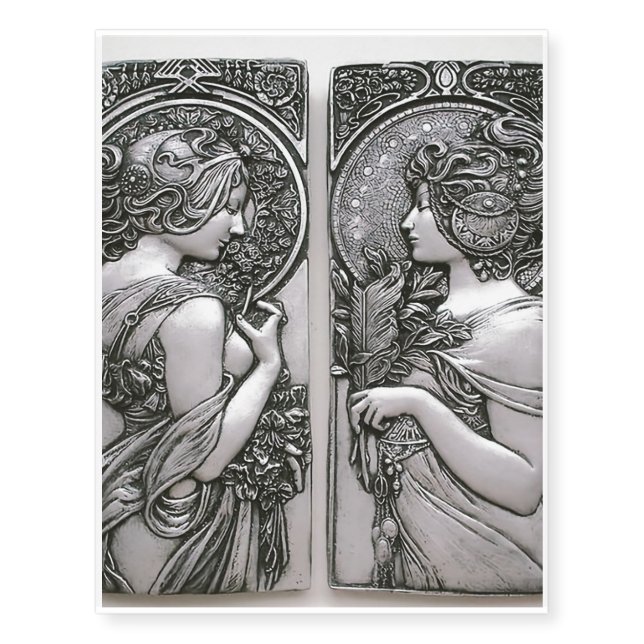 Silver ,Art nouveau ,design, females,Mucha,beautif Temporary Tattoos (Front)