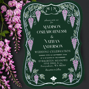 Silver Art Nouveau Pink Wisteria Wedding Invitation