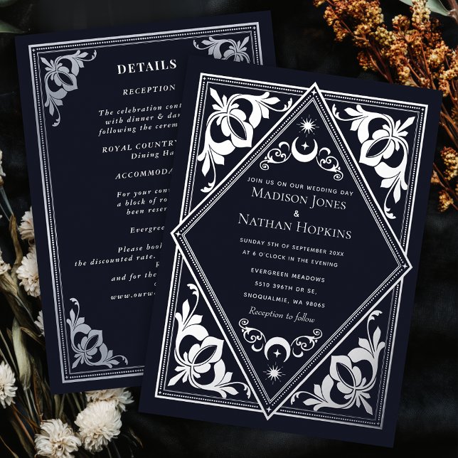 Silver Art Nouveau Tarot Gothic Wedding All-in-one Foil Invitation (Creator Uploaded)