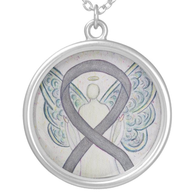 Silver Awareness Ribbon Angel Jewelry Necklace (Front)