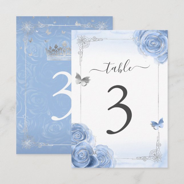 Silver Baby Blue Roses Elegant Table Number Card (Front/Back)