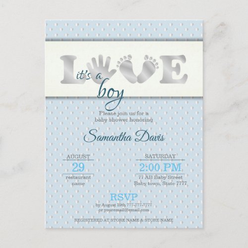Silver Baby Boy LOVE and Hearts Baby Shower Invitation Postcard
