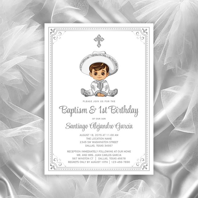 Silver Baby Charro Baptism & Birthday Invitation (Baby charro invitation, you can change all text, move/remove baby, move/remove cross as needed.)