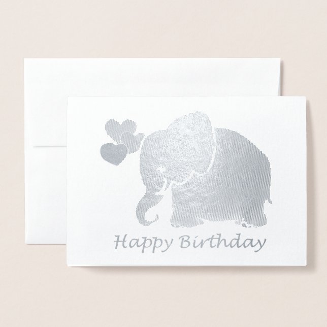 Silver Baby Elephant With Balloons Happy Birthday Foil Card (Front With Envelope)