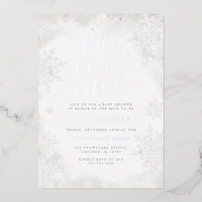 Silver Baby it's cold outside Baby shower  Foil Invitation (Front)