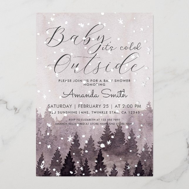 Silver Baby It's Cold Outside Girl Baby Shower Foil Invitation (Front)