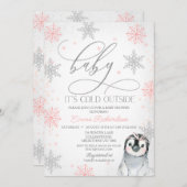 Silver Baby It's Cold Outside Penguin Baby Shower Invitation (Front/Back)