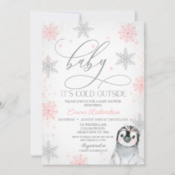 Silver Baby It's Cold Outside Penguin Baby Shower Invitation by figtreedesign at Zazzle