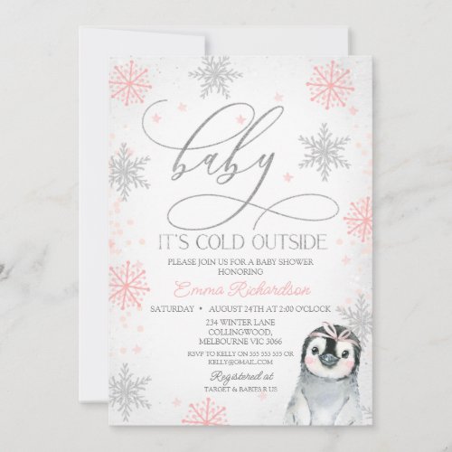 Silver Baby Its Cold Outside Penguin Baby Shower Invitation