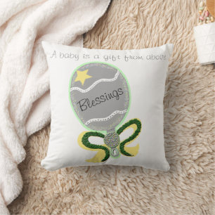 Silver Baby Rattle Yellow Star Green Bow Blessings Throw Pillow