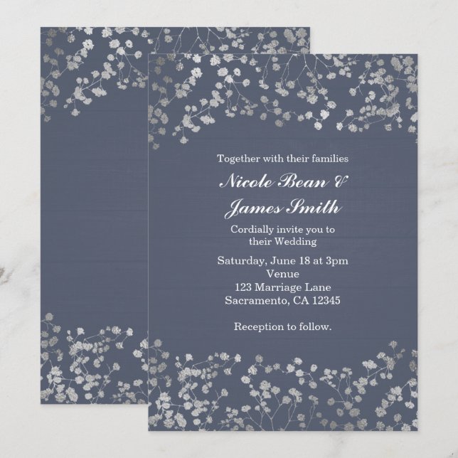 Silver Baby's Breath Blue Wood Wedding Invitation (Front/Back)