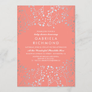 Silver Baby's Breath Elegant Coral Baby Shower Invitation