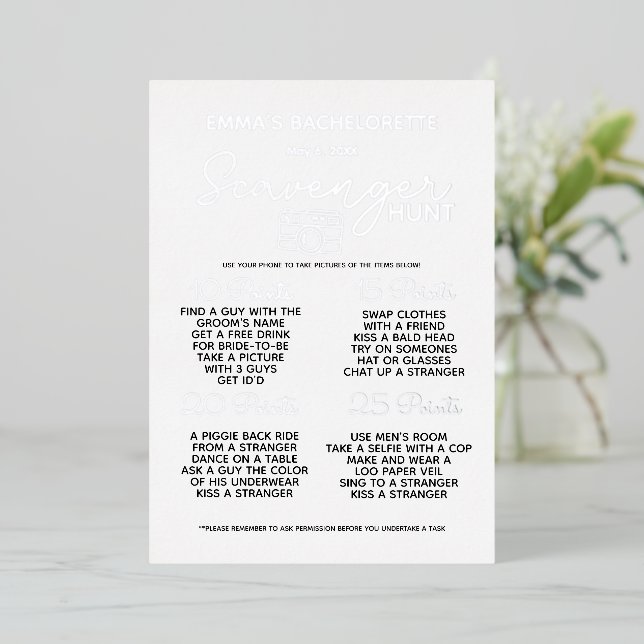 silver Bachelorette Party Scavenger Hunt Game Fun  Foil Invitation (Standing Front)