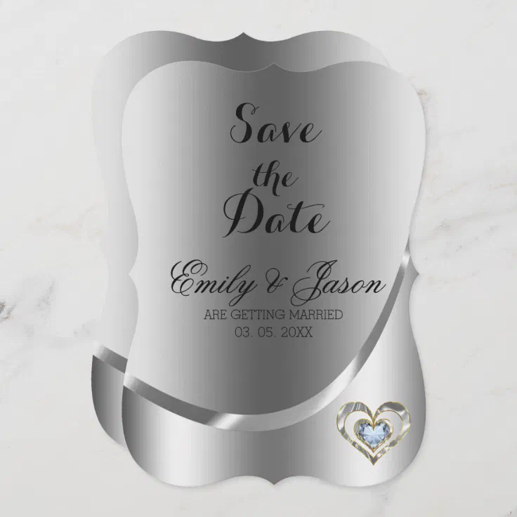 Silver Background And Diamond Heart-Save The Date Invitation | Zazzle