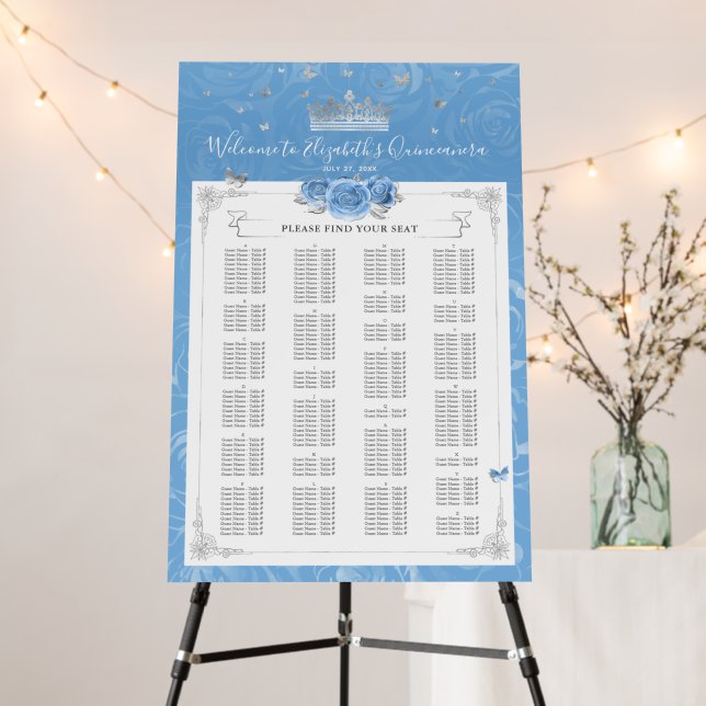 Silver Bahama Blue Rose Alphabetical Seating Chart Foam Board (In Situ (Stand))