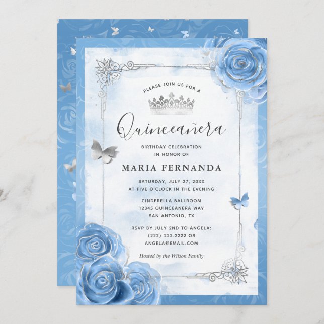 Silver Bahama Blue Roses Elegant Quinceanera Invitation (Front/Back)