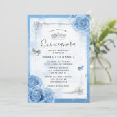 Silver Bahama Blue Roses Elegant Quinceanera Invitation (Standing Front)
