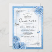 Silver Bahama Blue Roses Elegant Quinceanera Invitation (Front)