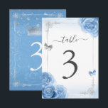 Silver Bahama Blue Roses Elegant Table Number Card<br><div class="desc">With this simple DIY template, it's easy to create your own elegant table numbers for a Bahama blue and silver party theme. The original fairytale art by Raphaela Wilson depicts soft watercolor roses in shades of medium to light blue with faux metallic silver accents, glitter butterfly confetti, and luxurious filigree...</div>
