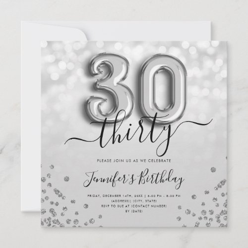 Silver Balloon Glitter 30th Birthday Party Invite