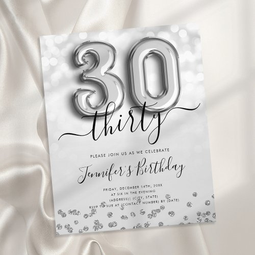 Silver Balloon Glitter 30th Birthday Party Invite Flyer