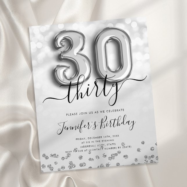 Silver Balloon Glitter 30th Birthday Party Invite Flyer (Creator Uploaded)
